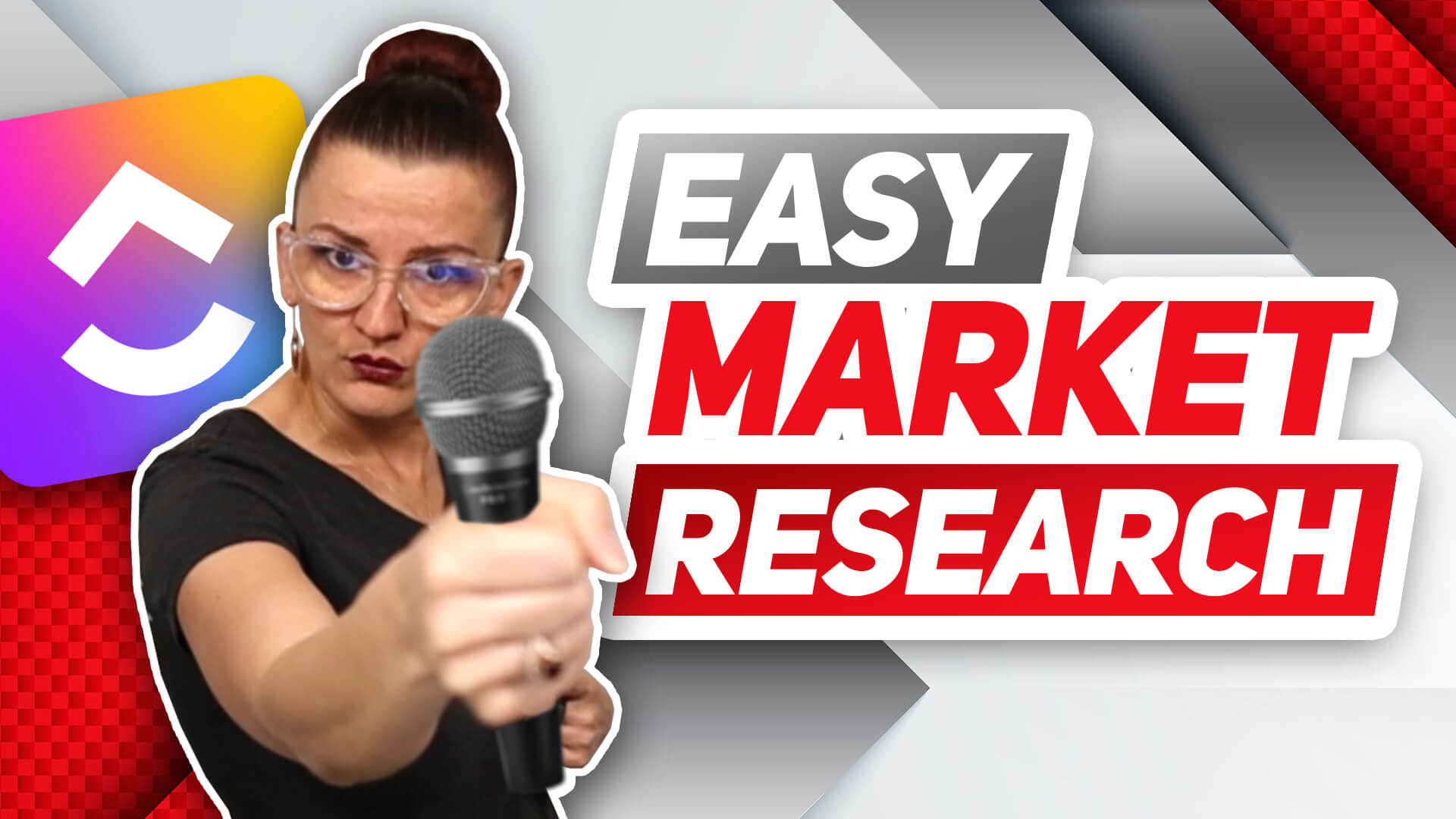 Conduct market research study using ClickUp - Yvi pointing a mic in your face