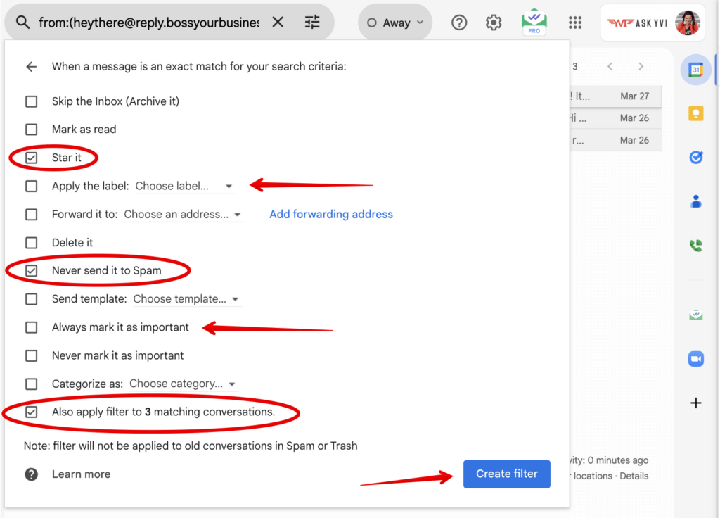 whitelisting in gmail step 5 Say Yes to Whitelisting and Choose Filter Actions